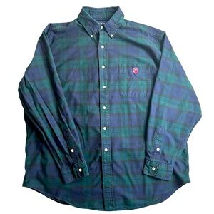 Ralph Lauren “The Big Shirt” Men’s L Green Navy Plaid Button Down W/ Crest Patch